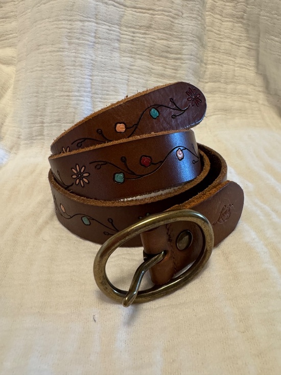 Levi's Accessories - Levi's Brown Leather Floral-Printed Belt with Brass Oval Buckle Size 36